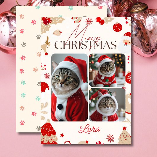 Gepersonaliseerde 3 foto collage meowy kerst feestdagenkaart