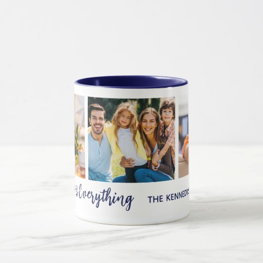 Gepersonaliseerde 3 foto Familienaam Quote blauw Mok (Midden)