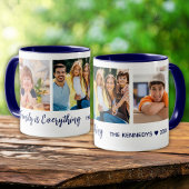 Gepersonaliseerde 3 foto Familienaam Quote blauw Mok