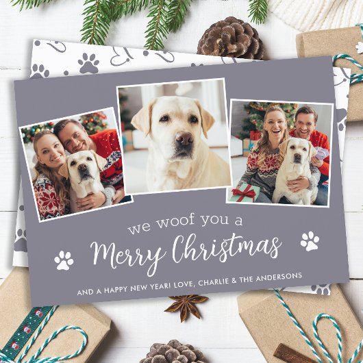 Gepersonaliseerde 3 Pet Photo Woof You Merry Chris Feestdagenkaart