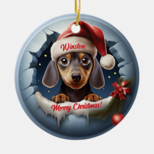 Gepersonaliseerde 3D Look Teckel met Santa Hat Keramisch Ornament