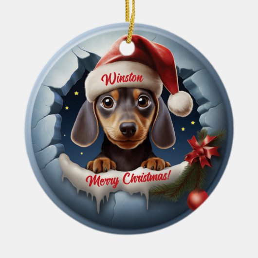 Gepersonaliseerde 3D Look Teckel met Santa Hat Keramisch Ornament (Voorkant)