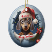 Gepersonaliseerde 3D Look Teckel met Santa Hat Keramisch Ornament (Links)