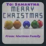 Gepersonaliseerde 3D Ornamenten Design Christmas Vierkante Sticker<br><div class="desc">Metaalblauw 3D "Merry Christmas" en 3D kerstboom ornamenten ontwerp met gepersonaliseerde typografie aan te passen met uw unieke tekst en te verspreiden feestelijke vreugde deze kerst.</div>