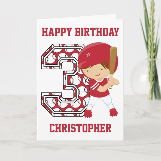 Gepersonaliseerde 3e verjaardag honkbal Batter roo Kaart (Voorkant)