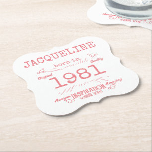 Gepersonaliseerde 40e verjaardag 1981 Roze Witte L Kartonnen Onderzetters