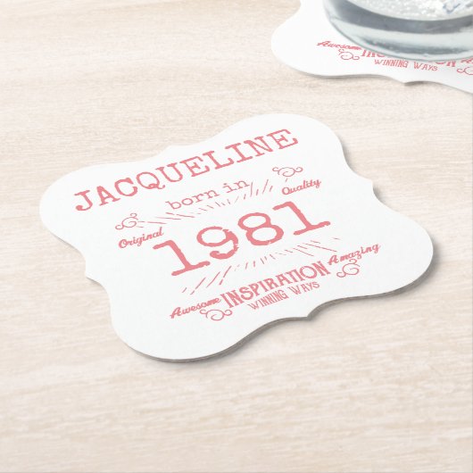Gepersonaliseerde 40e verjaardag 1981 Roze Witte L Kartonnen Onderzetters (Gekanteld)