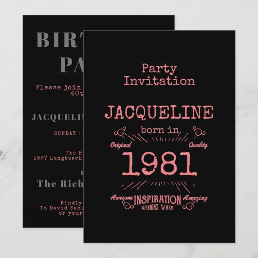 Gepersonaliseerde 40e verjaardag 1981 Roze zwarte  (Voorkant / Achterkant)