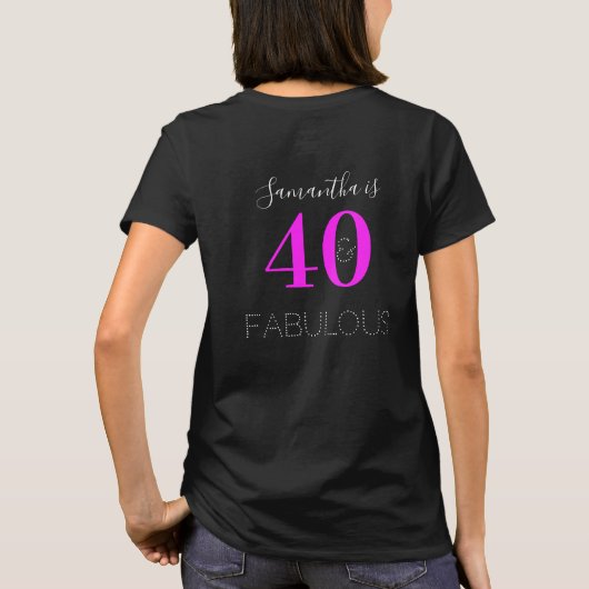 Gepersonaliseerde 40e Verjaardag Neon Pink Black T-shirt (Achterkant)