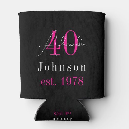 Gepersonaliseerde 40e Verjaardag Zwart Hot Pink Blikjeskoeler (Achterkant)