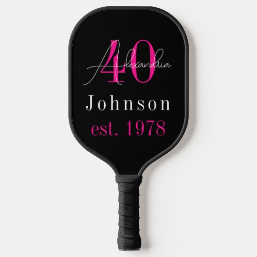 Gepersonaliseerde 40e Verjaardag Zwart Hot Pink Pickleball Paddle (Voorkant)