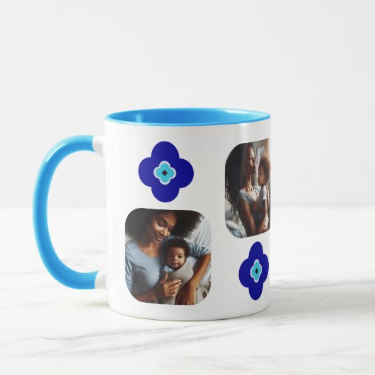 Gepersonaliseerde 4-foto Blue Evil Eye Floral Amul Mok (Links)