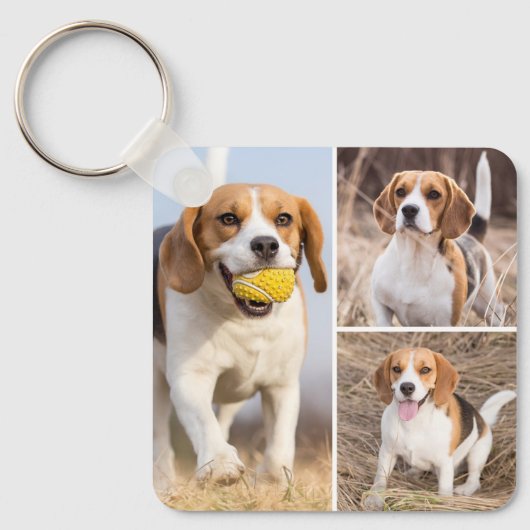 Gepersonaliseerde 4 Foto Collage Moderne Huisdier  Sleutelhanger (Voorkant)