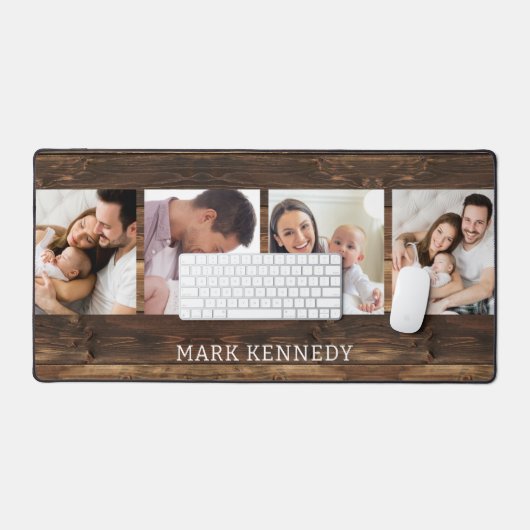 Gepersonaliseerde 4 foto collage rustiek hout bureaumat (Keyboard & Muis)