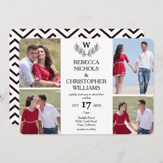 Gepersonaliseerde 4 foto Laurel Monogrammed bruilo Kaart (Voorkant / Achterkant)