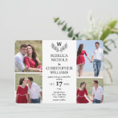 Gepersonaliseerde 4 foto Laurel Monogrammed bruilo Kaart (Staand voorkant)