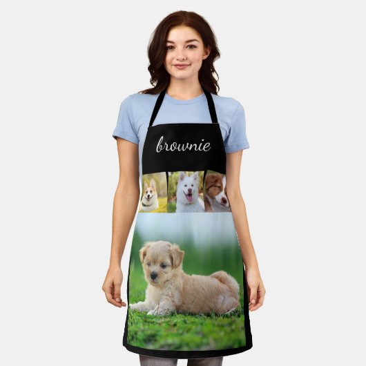 Gepersonaliseerde 4-foto wit zwart script naam Sch Schort (Gedragen)