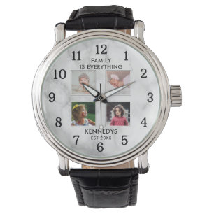 Gepersonaliseerde 4 Photo Collage Familienaam Marm Horloge
