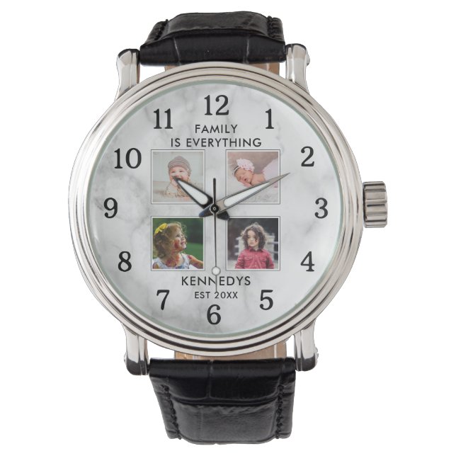 Gepersonaliseerde 4 Photo Collage Familienaam Marm Horloge (Voorkant)