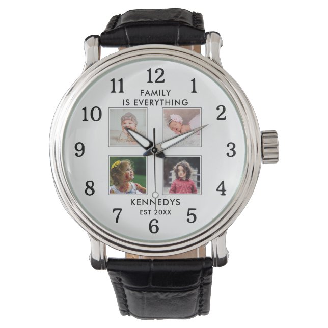Gepersonaliseerde 4 Photo Collage Familienaam Wit Horloge (Voorkant)