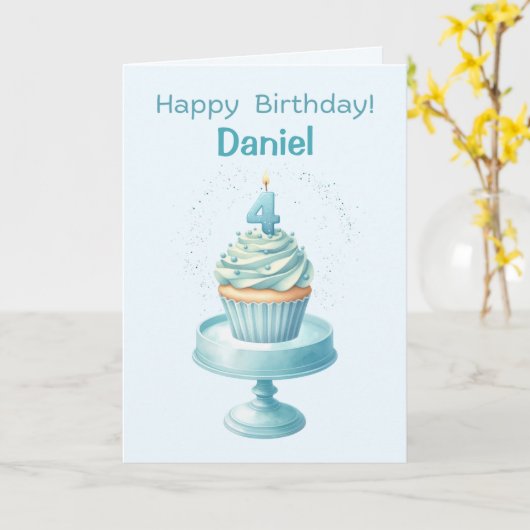 Gepersonaliseerde 4e Verjaardag Cupcake Kaart (Gele Bloem)