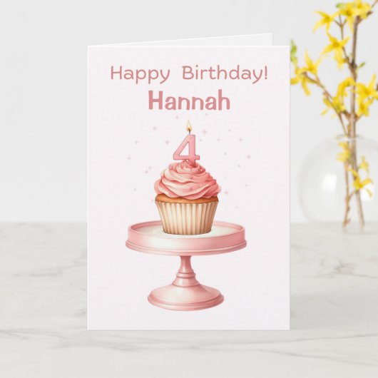 Gepersonaliseerde 4e Verjaardag Cupcake Kaart (Gele Bloem)