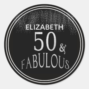 Gepersonaliseerde 50 en Fabulous Black Silver Glit Ronde Sticker