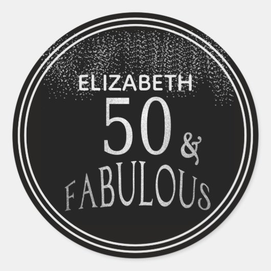 Gepersonaliseerde 50 en Fabulous Black Silver Glit Ronde Sticker (Voorkant)
