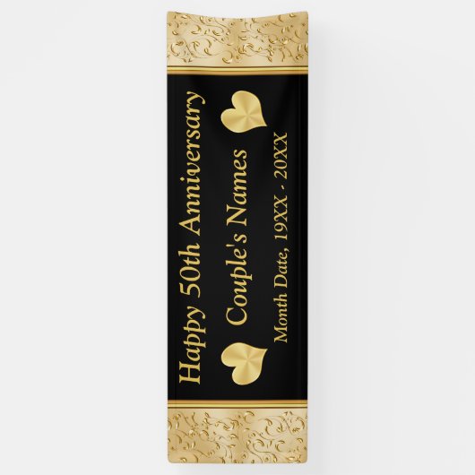 Gepersonaliseerde 50e Jubileum Banner, Zwart, Goud Spandoek (Verticaal)
