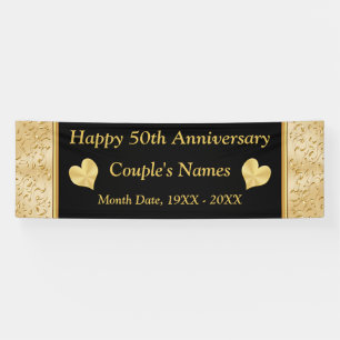 Gepersonaliseerde 50e Jubileum Banner, Zwart, Goud Spandoek