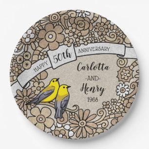 Gepersonaliseerde 50e Jubileum, Gouden Bloemenvoge Papieren Bordje