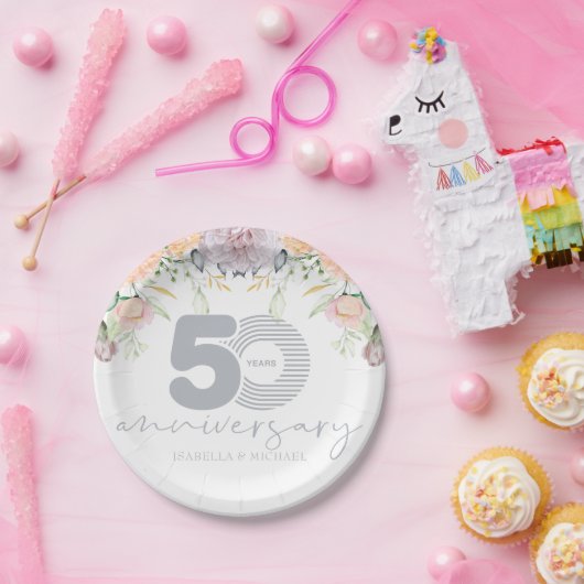 Gepersonaliseerde 50ste bruiloft Jubileum Bloemen Papieren Bordje (Feest)