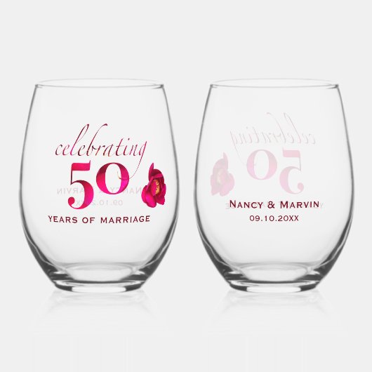 Gepersonaliseerde 50ste Jubileum Unique Roos Keeps Wijnglas Zonder Voet (Voorkant)