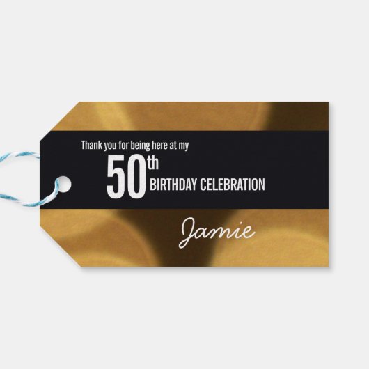 Gepersonaliseerde 50ste verjaardag goud en zwart b cadeaulabel (Achterkant Horizontaal)
