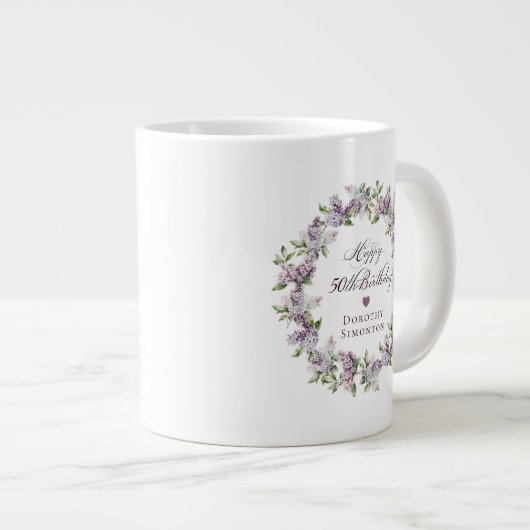 Gepersonaliseerde 50ste verjaardagscadeau Paarse L Grote Koffiekop (Voorkant rechts)
