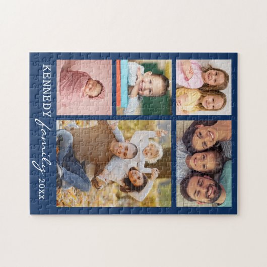 Gepersonaliseerde 5 Photo Collage Familienaam Blau Legpuzzel (Horizontaal)
