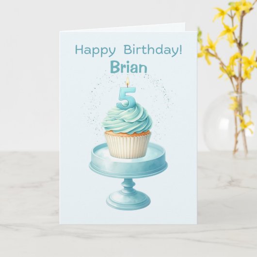 Gepersonaliseerde 5e Verjaardag Cupcake Kaart (Gele Bloem)