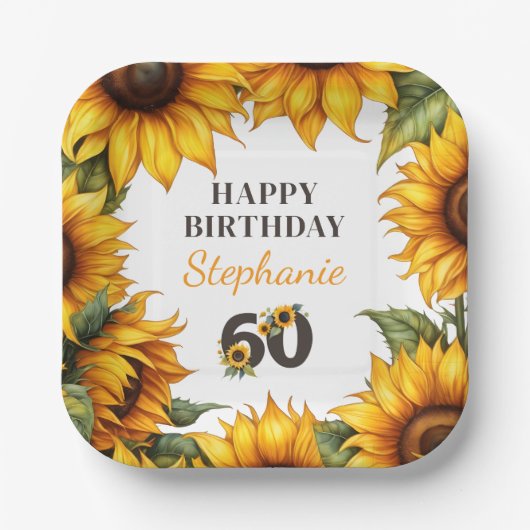 Gepersonaliseerde 60e Verjaardag Zonnebloem Paper Papieren Bordje (Voorkant)