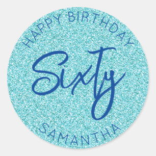 Gepersonaliseerde 60ste verjaardag Blue Glitter Si Ronde Sticker