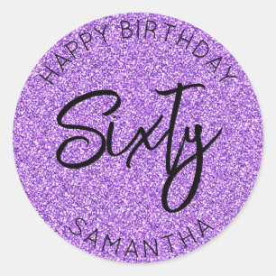 Gepersonaliseerde 60ste verjaardag Paarse Glitter Ronde Sticker