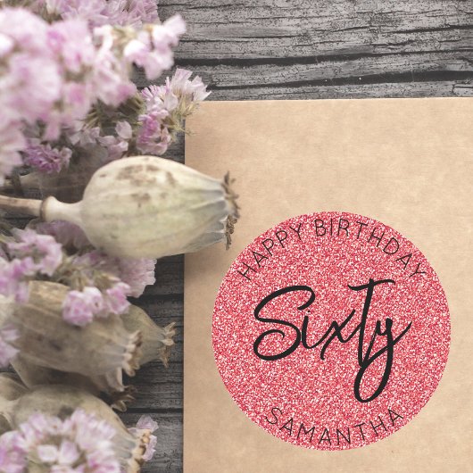 Gepersonaliseerde 60ste verjaardag rode glitter ze ronde sticker