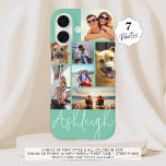 Gepersonaliseerde 7 Foto Collage Turquoise Custom iPhone 16 Hoesje<br><div class="desc">Creëer uw eigen gepersonaliseerde kleur fotocel telefoonhoesje met behulp van deze eenvoudig te uploaden foto collage sjabloon met 7 afbeeldingen in verschillende maten en vormen en jouw naam in uw keuze van lettertype stijl en alle kleuren (getoond met een chique handgeschreven handgeschreven lettertype in wit op een turquoise achtergrond). TELEFOONOPTIES:...</div>