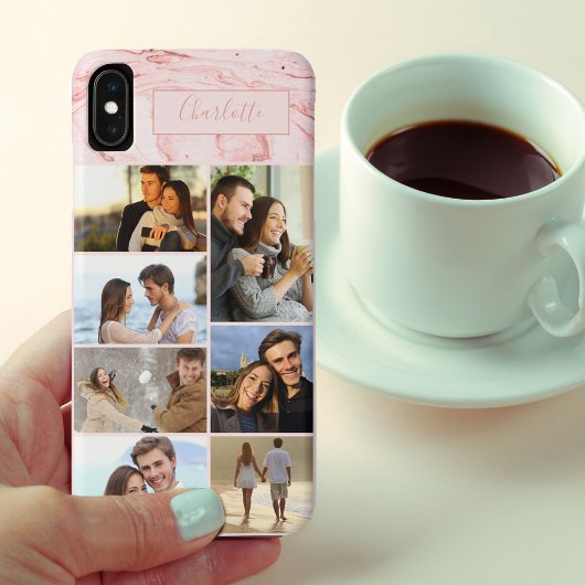 Gepersonaliseerde 7 fotocollage op roze marmer Case-Mate iPhone case