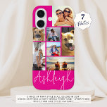 Gepersonaliseerde 7 Photo Collage Hot Pink Custom iPhone 16 Hoesje<br><div class="desc">Creëer uw eigen gepersonaliseerde kleur fotocel telefoonhoesje met behulp van deze eenvoudig te uploaden foto collage sjabloon met 7 afbeeldingen in verschillende maten en vormen en jouw naam in uw keuze van lettertype stijl en alle kleuren (getoond met een chique handgeschreven handgeschreven lettertype in wit op een hete roze achtergrond)....</div>