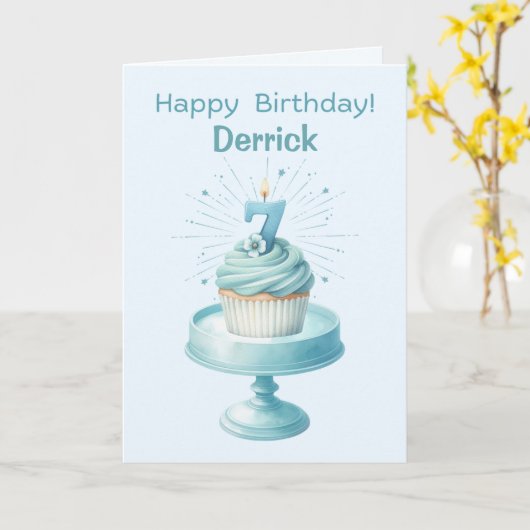 Gepersonaliseerde 7e Verjaardag Cupcake Kaart (Gele Bloem)