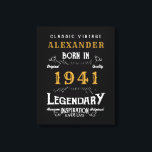 Gepersonaliseerde 80e verjaardag Geboren in 1941   Canvas Afdruk<br><div class="desc">Een gepersonaliseerd klassiek muurdoek voor die speciale verjaardagspersoon geboren in 1941 en 80 jaar oud. Voeg de naam toe aan dit retro stijl zwart, wit en goud ontwerp voor een 80ste verjaardagscadeau op maat. Bewerk eenvoudig de naam en het jaar met de sjabloon. Een prachtig op maat gemaakt zwart verjaardagscadeau....</div>