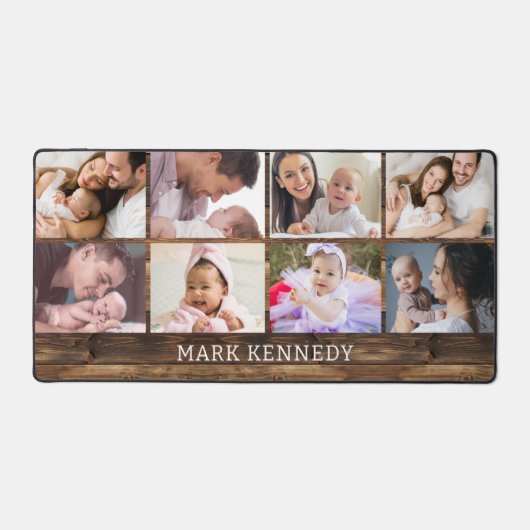 Gepersonaliseerde 8 foto collage rustiek hout bureaumat (Voorkant)