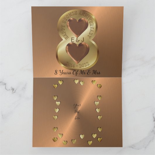 Gepersonaliseerde 8 jaar Bronzen bruiloft Jubileum Kaart (Binnen)
