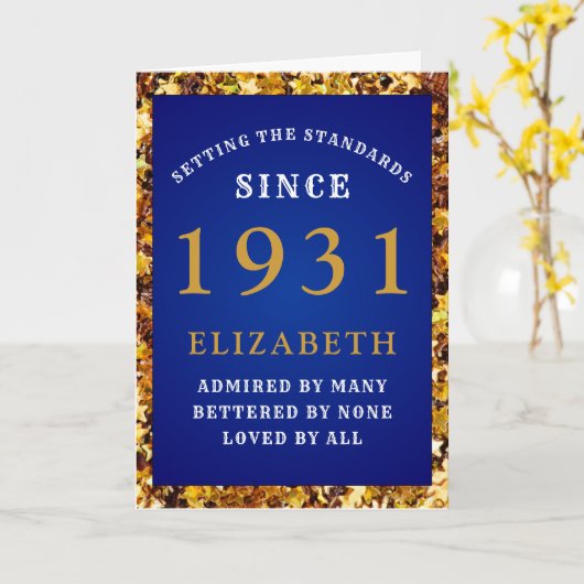 Gepersonaliseerde 90e verjaardag 1931 Blauw Goud E Kaart (Gele Bloem)
