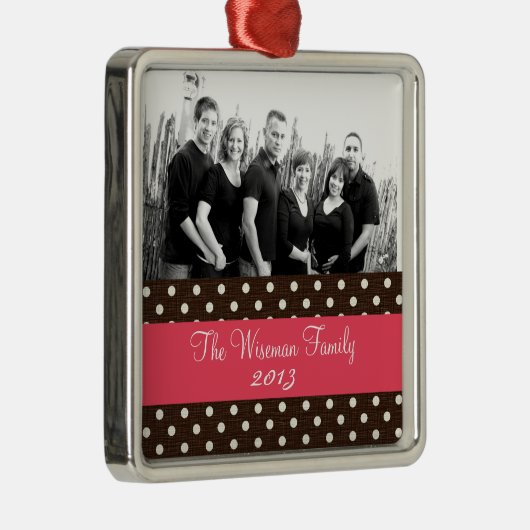 Gepersonaliseerde Aangepaste Bruine Polka Dot FOTO Metalen Ornament (Rechts)